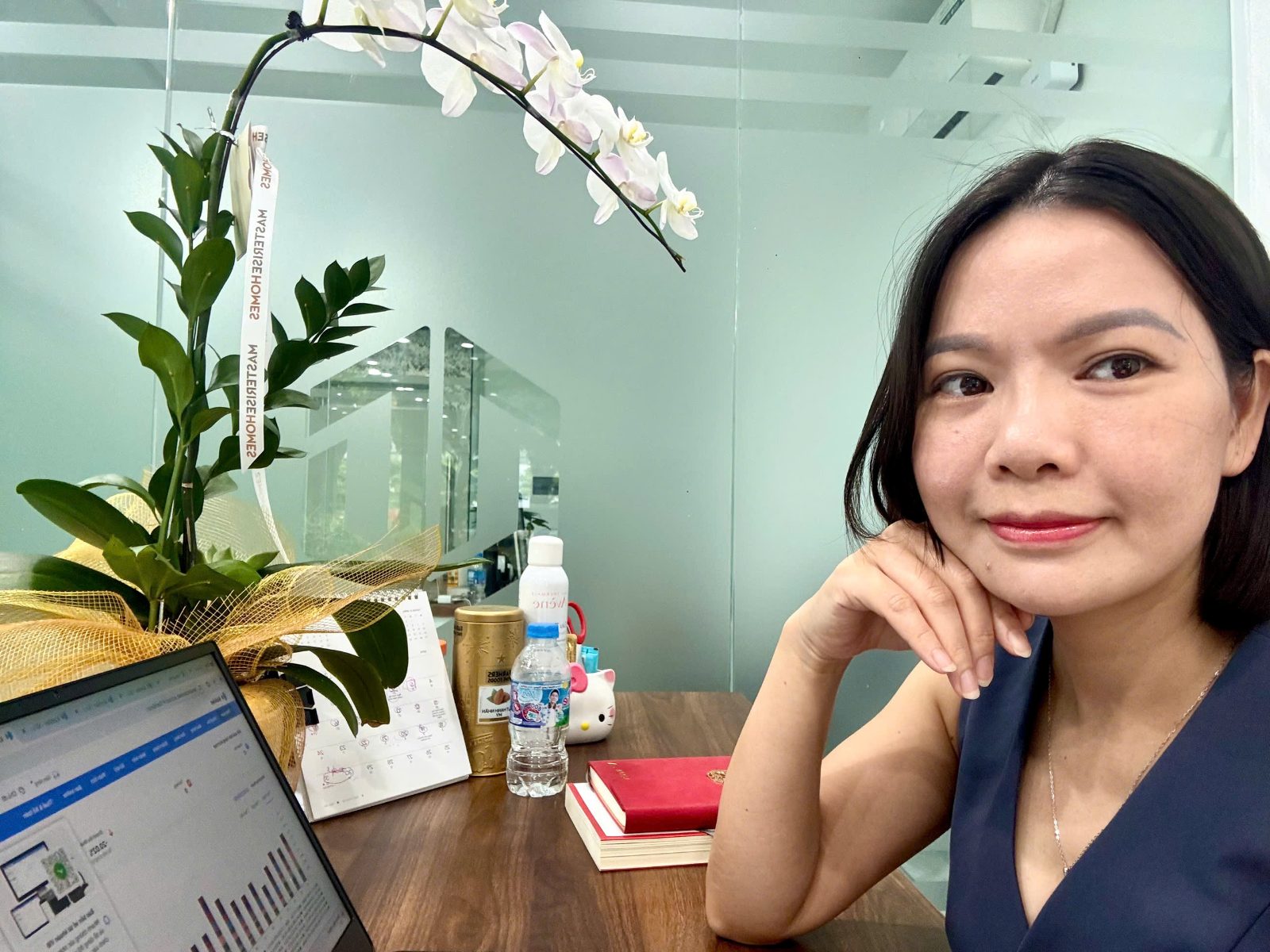Chị Linh bên bàn làm việc ở văn phòng, máy tính đang mở báo cáo số liệu, góc bàn có chậu lan trắng và mấy cuốn sổ.
